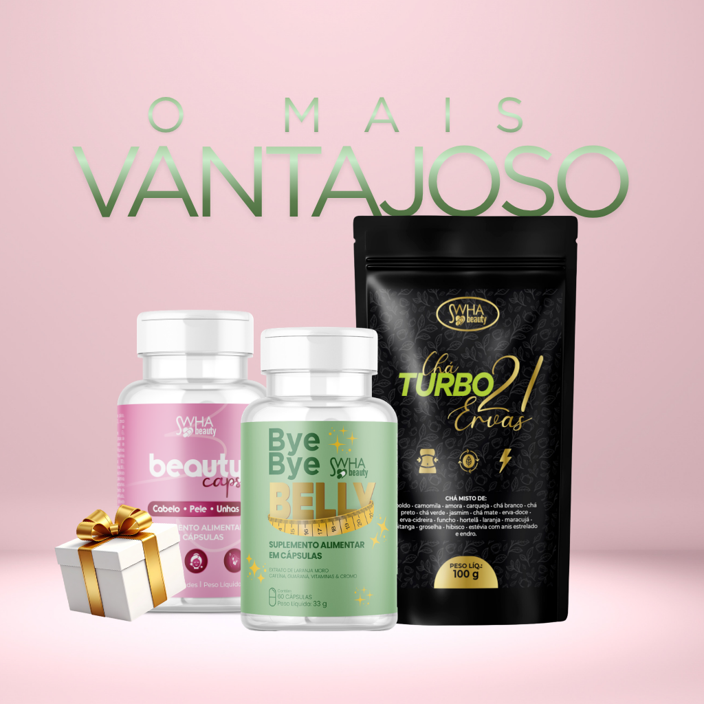 KIT TUDO EM 1 - Beauty Caps + Bye Bye Belly + Chá Turbo 21 Ervas