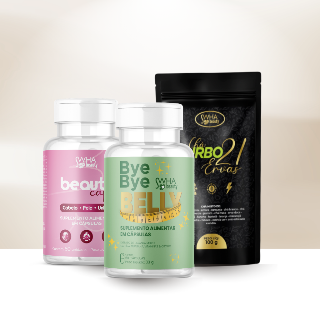 KIT TUDO EM 1 - Beauty Caps + Bye Bye Belly + Chá Turbo 21 Ervas